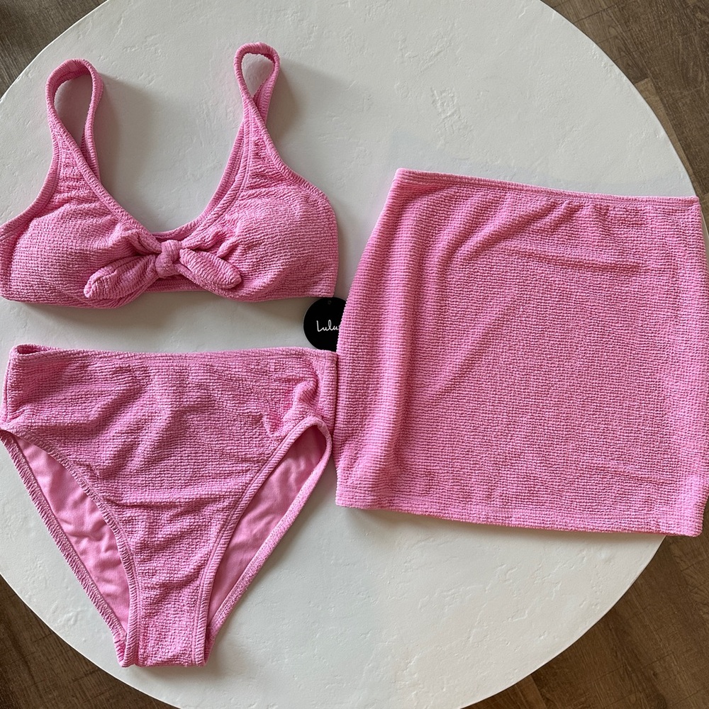 Lulus Made For Sun 3 Piece Front Tie Bikini Set + Cover Up Size Small pink (NWT)